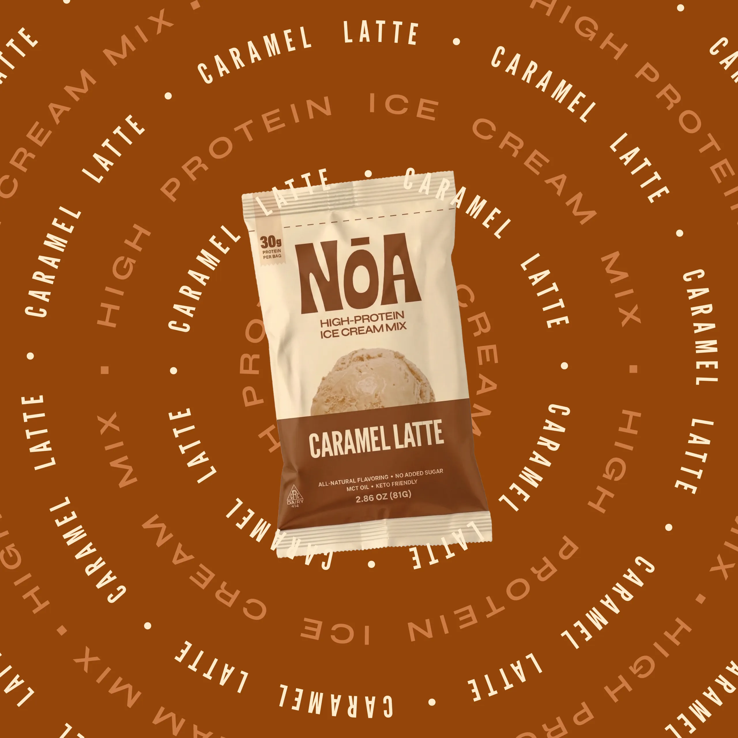 NOA Protein ice cream packaging, caramel latte flavor