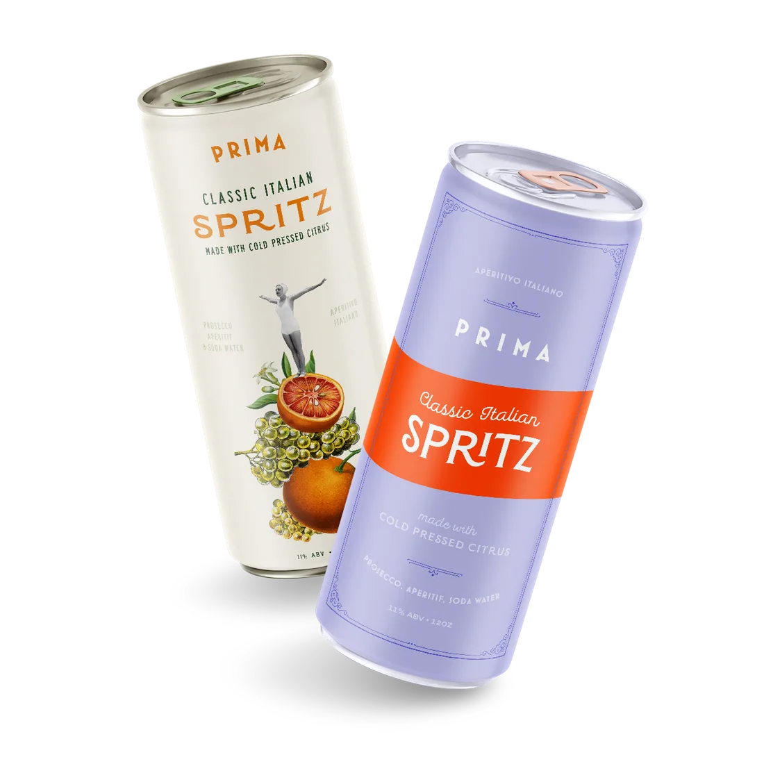 Prima Spritz cream and periwinkle cans side by side