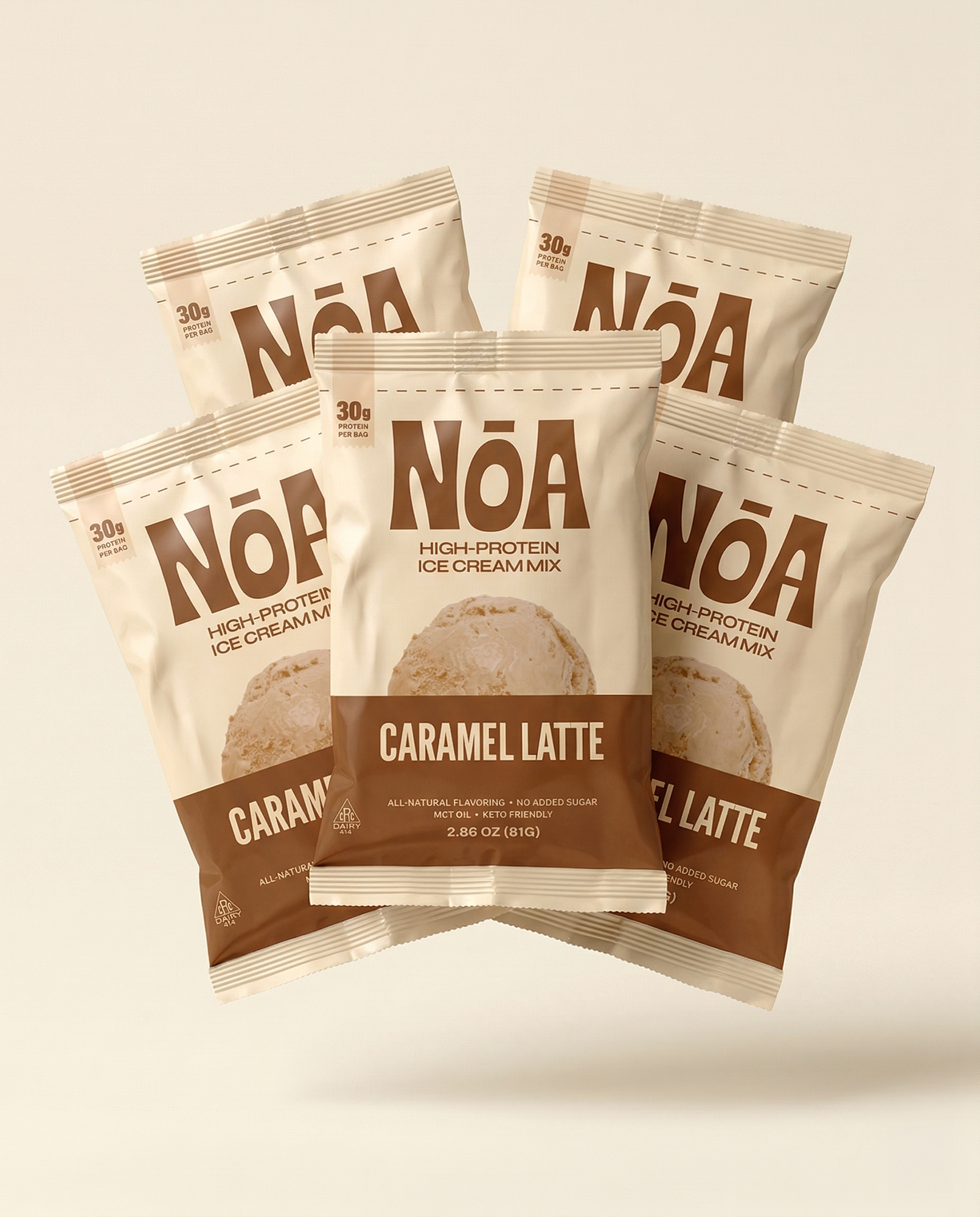 NŌA Protein ice cream packaging, caramel latte flavor