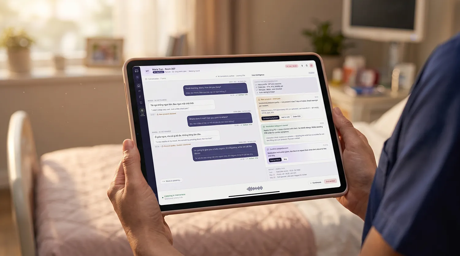 VoiceSure translating a bedside conversation in real time, held in one hand