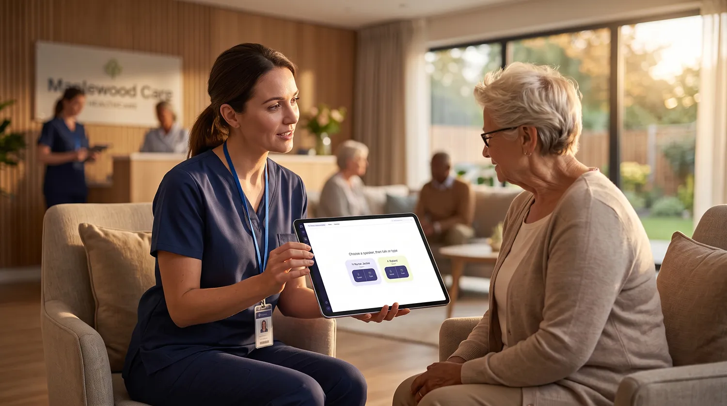 A nurse and a resident starting a VoiceSure session together in a care-home lounge