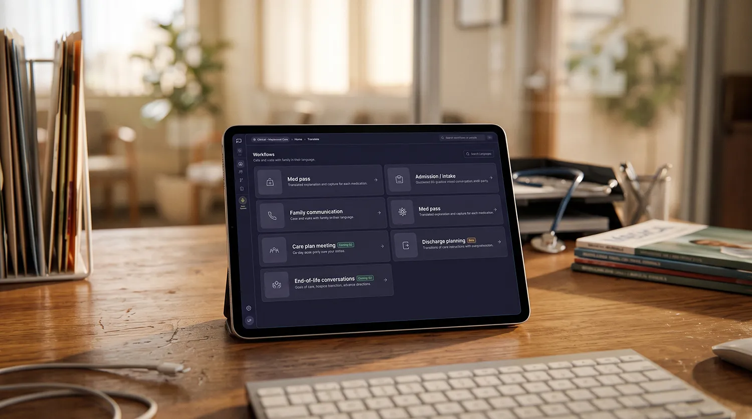 VoiceSure workflows — med pass, admission, discharge planning — on a desk