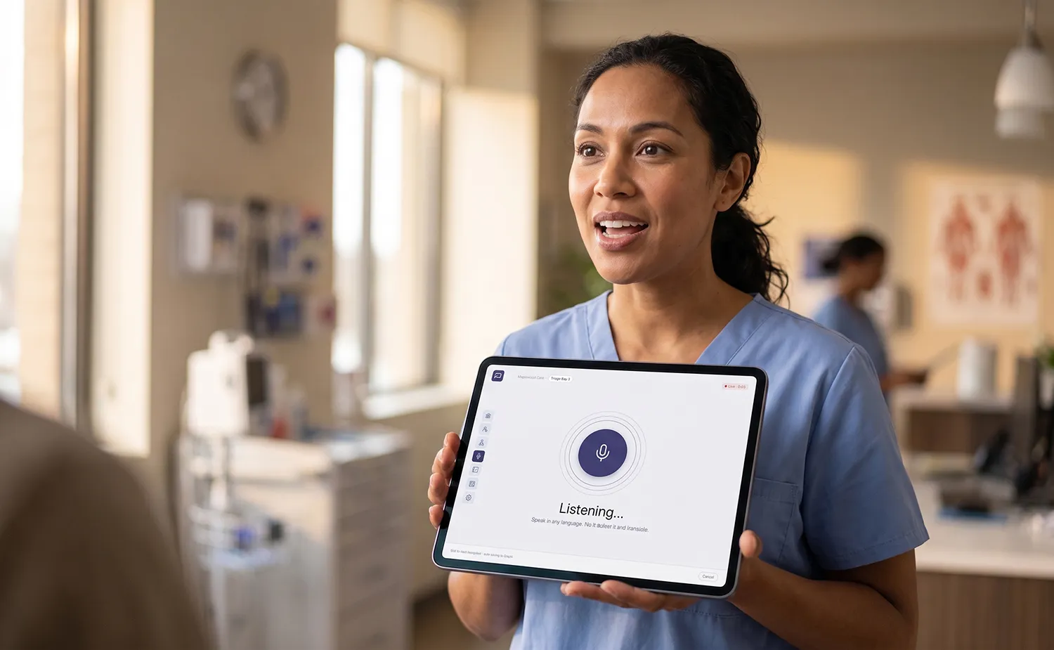 A clinician holding up VoiceSure listening for a language to detect, in a triage bay