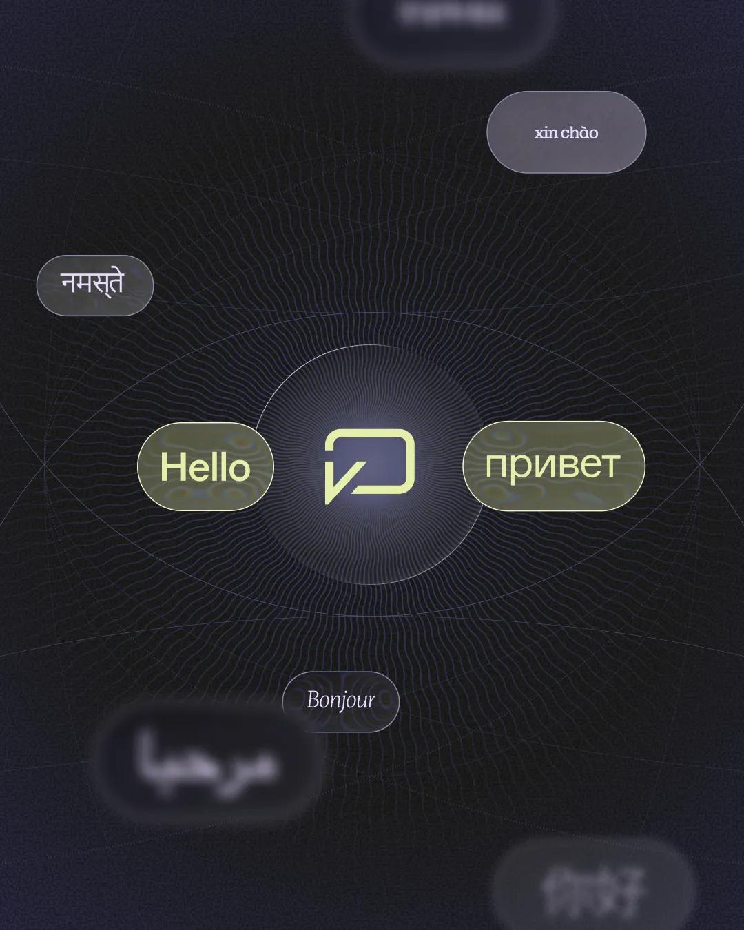 VoiceSure social post — greetings in six languages orbiting the mark