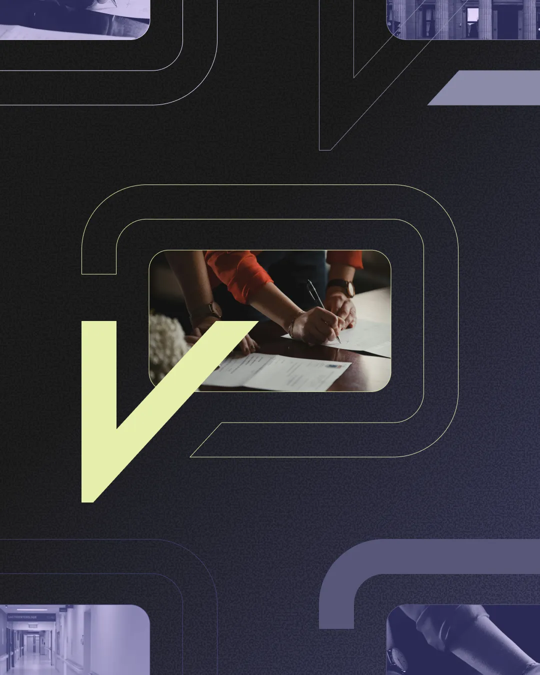 VoiceSure social post — the mark built from speech bubbles over a signing moment